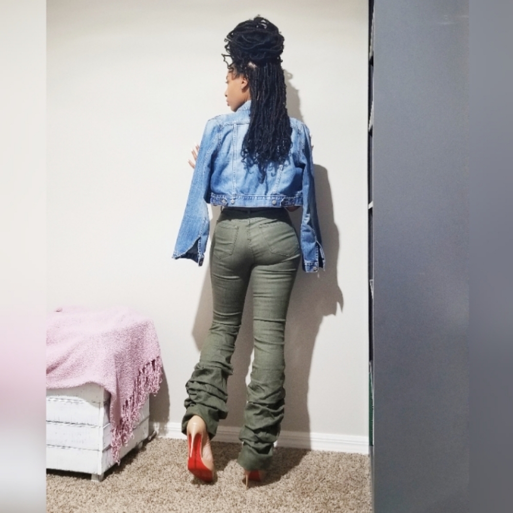 Olive Scunched Flare Jeans